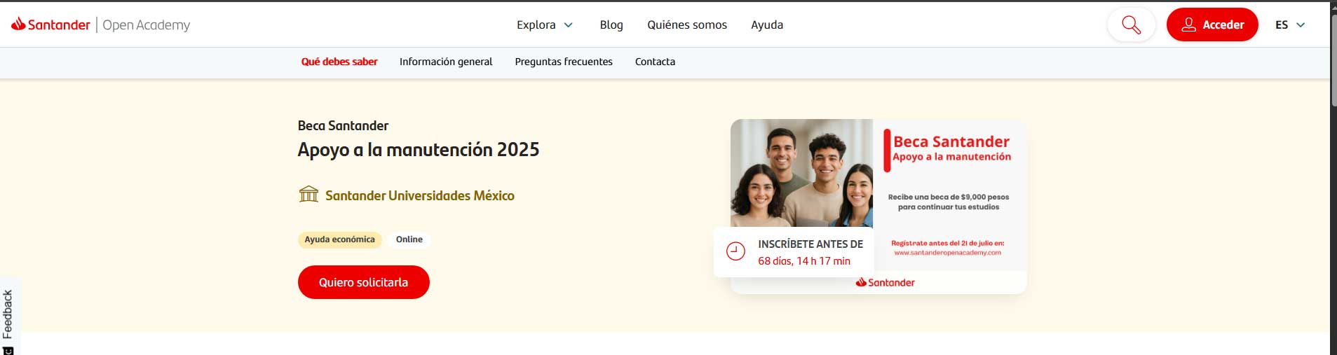 Convocatoria de Beca Santander. Apoyo a la Manutención2025.